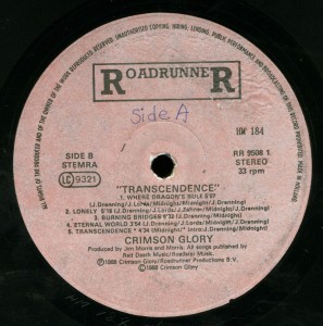Crimson Glory Transcendence Korea LP Purple Labels label side 1